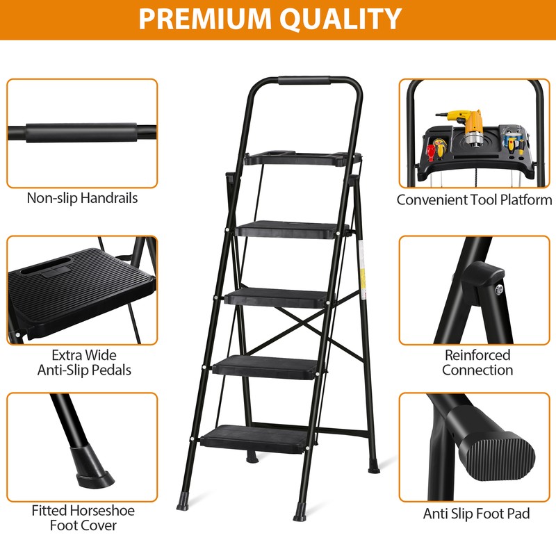 4 Step Ladder w/Tool Tray Folding Step Stool w/ Wide Non-Slip Pedal 330lbs Black gallery