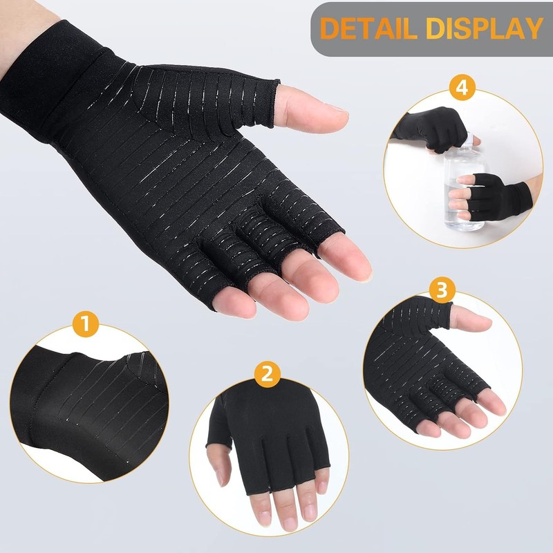 2 Pairs Copper Infused Compression Arthritis Gloves, Fingerless Carpal Tunnel gallery