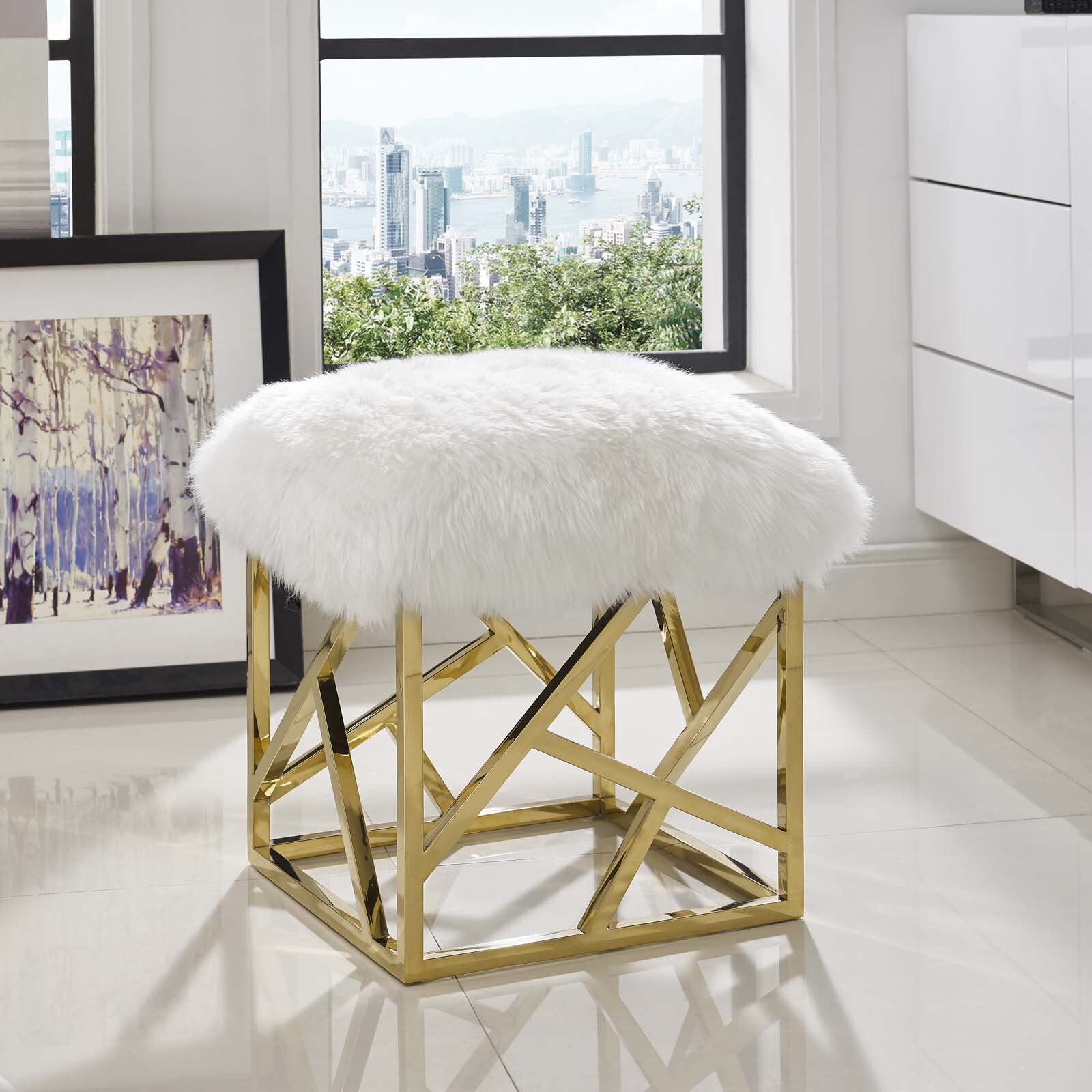Modway Contemporary Modern Sheepskin Fur Geometric Metal Ottoman in Gold White gallery