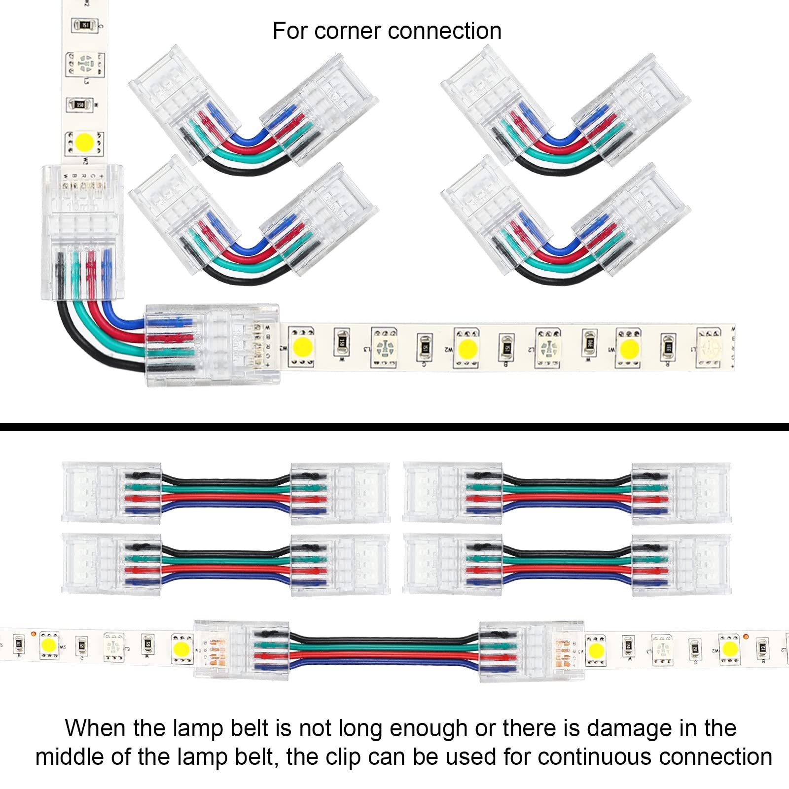LED Strip Connector 4 Pin 10mm 20 Pack with Wire Strip 16.4ft for 5050(4 Pin) gallery