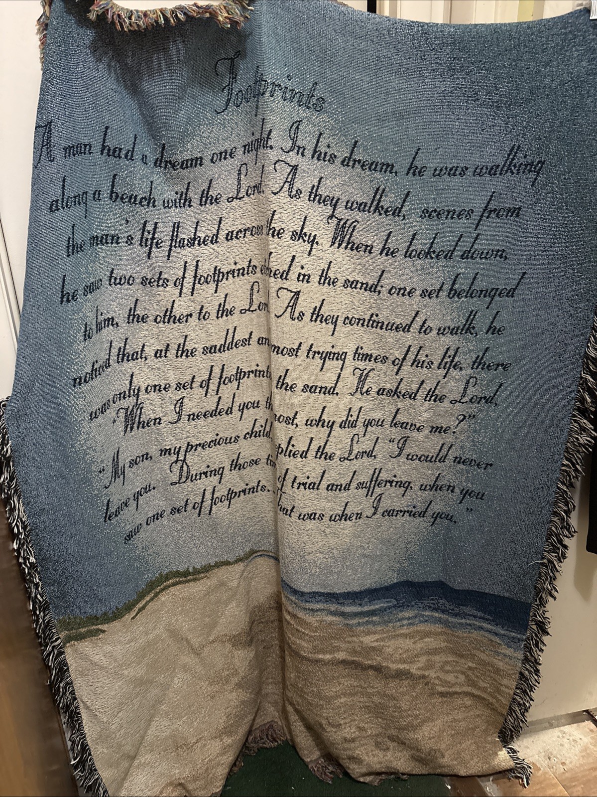Footprints Tapestry Throw Woven from Cotton Made in The USA 51 IN x 68 IN VTG gallery
