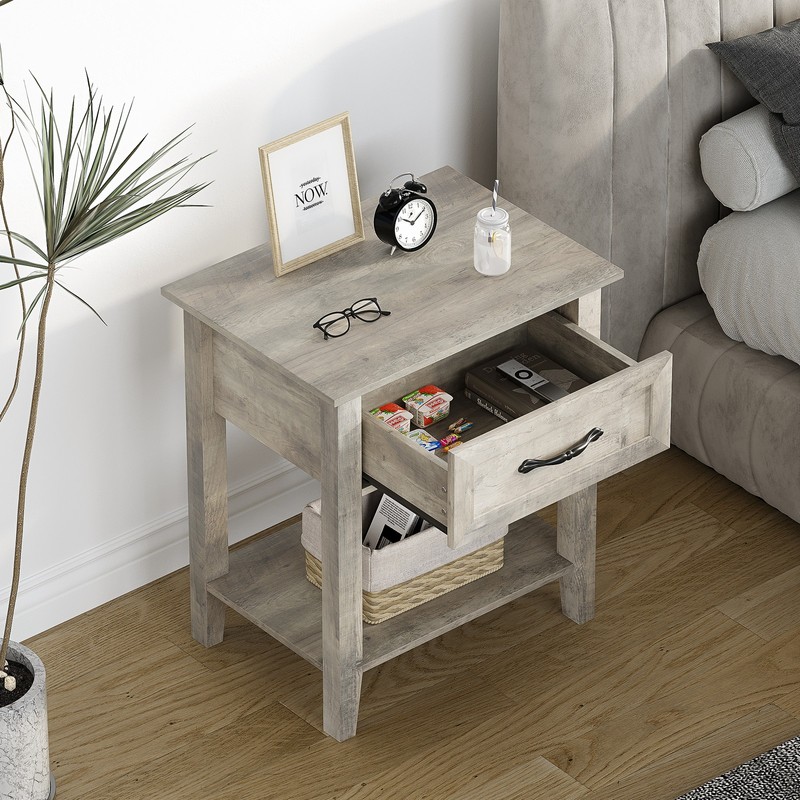 Rustic Grey Nightstand With A Storage Drawer And Shelves Wooden Side Table New gallery
