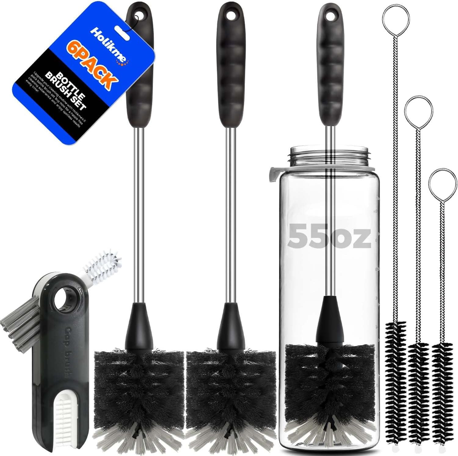 6 Pack Bottle Brush Set, 14" Long Handle Stainless Steel Bottle Cleaner Brush, 3 gallery