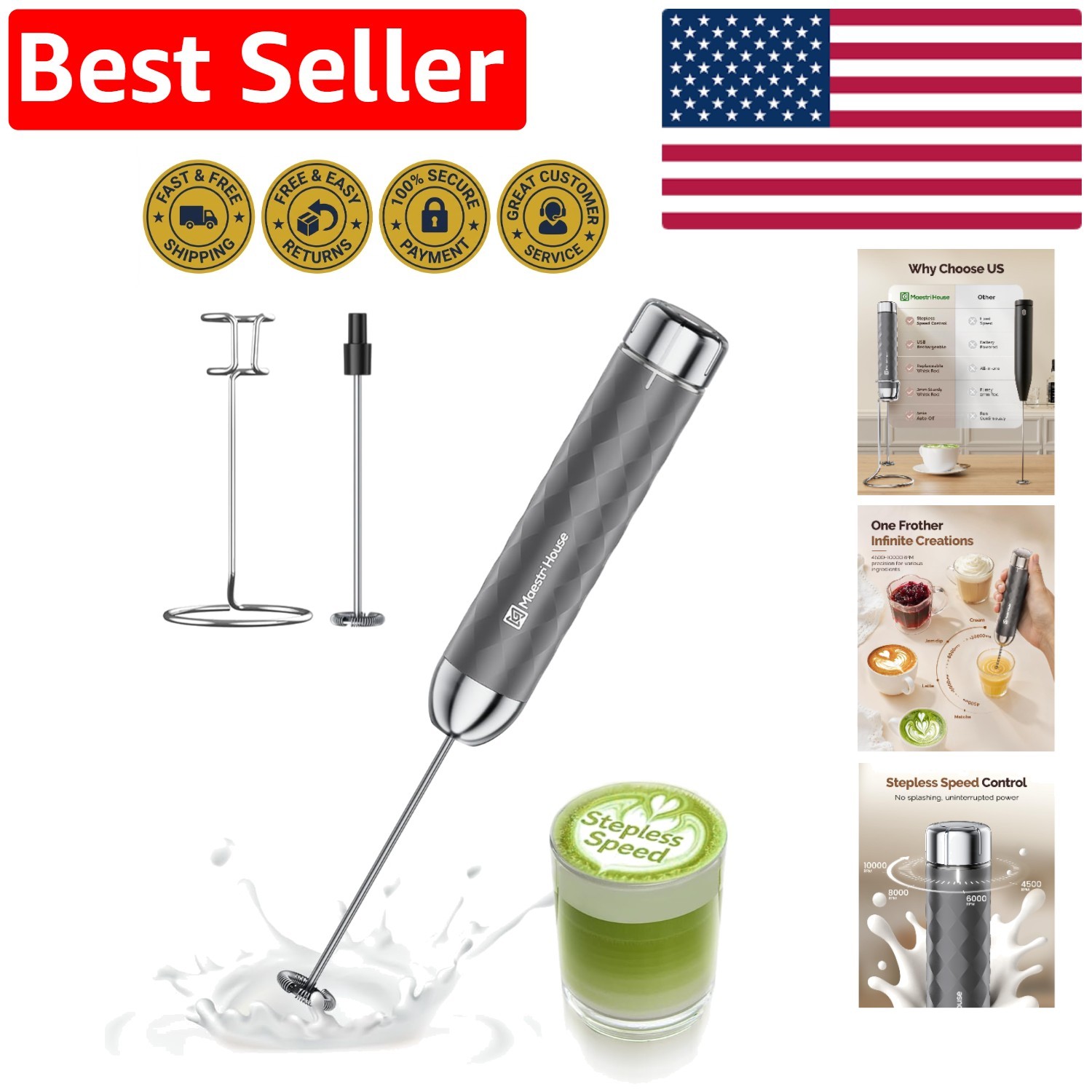 LunaFro 2.0 Stepless Speed Handheld Frother – Perfect for Cappuccinos & More gallery