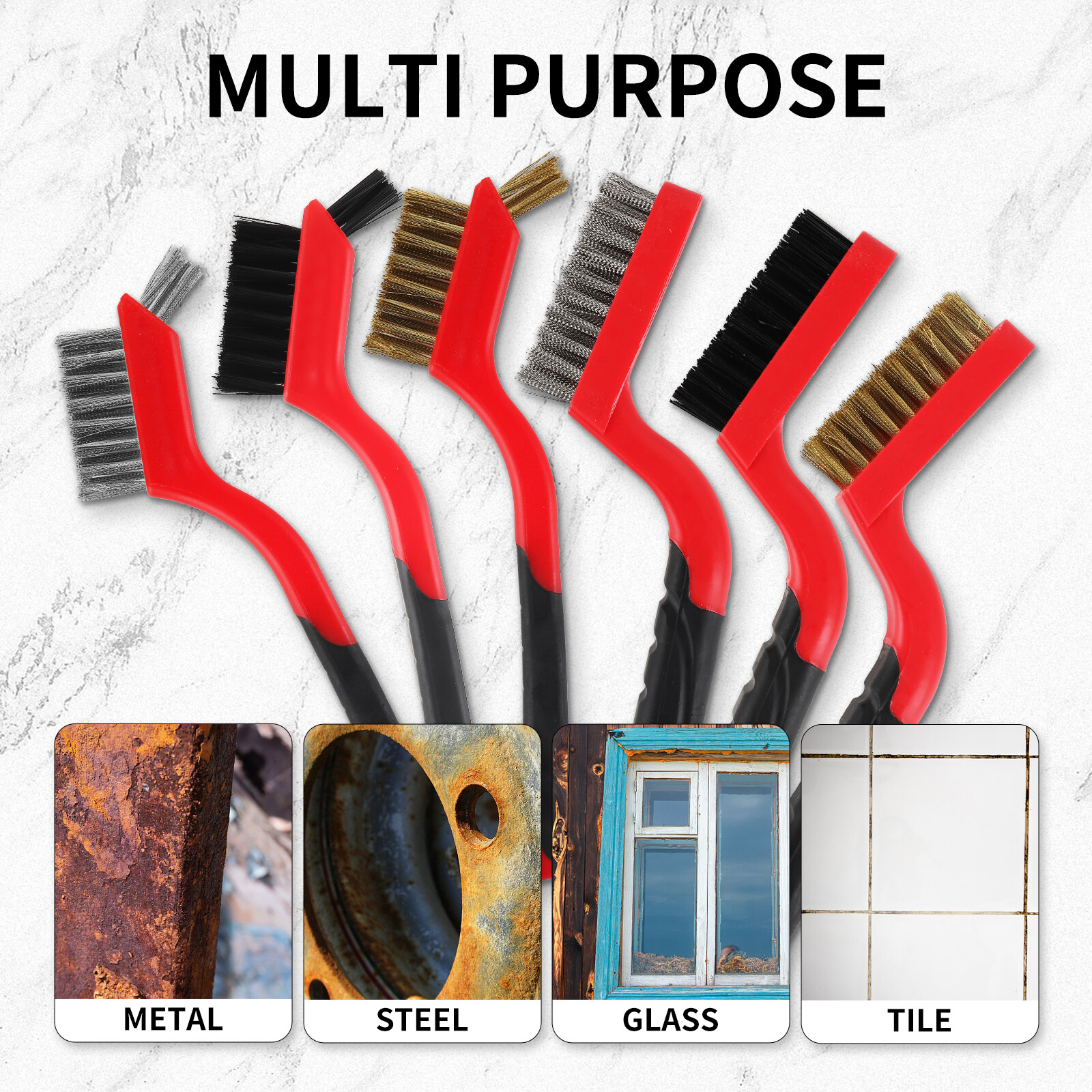 Wire Brush Set 6Pcs Nylon/Brass/Stainless Steel Bristles with Curved Handle Grip gallery