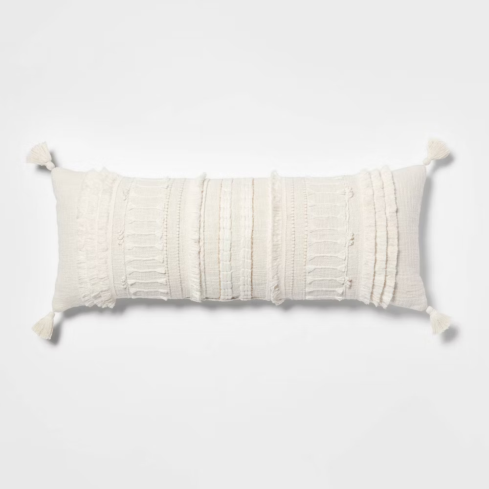 Oversized Oblong Woven Knotted Fringe Decorative Throw Pillow Natural - gallery