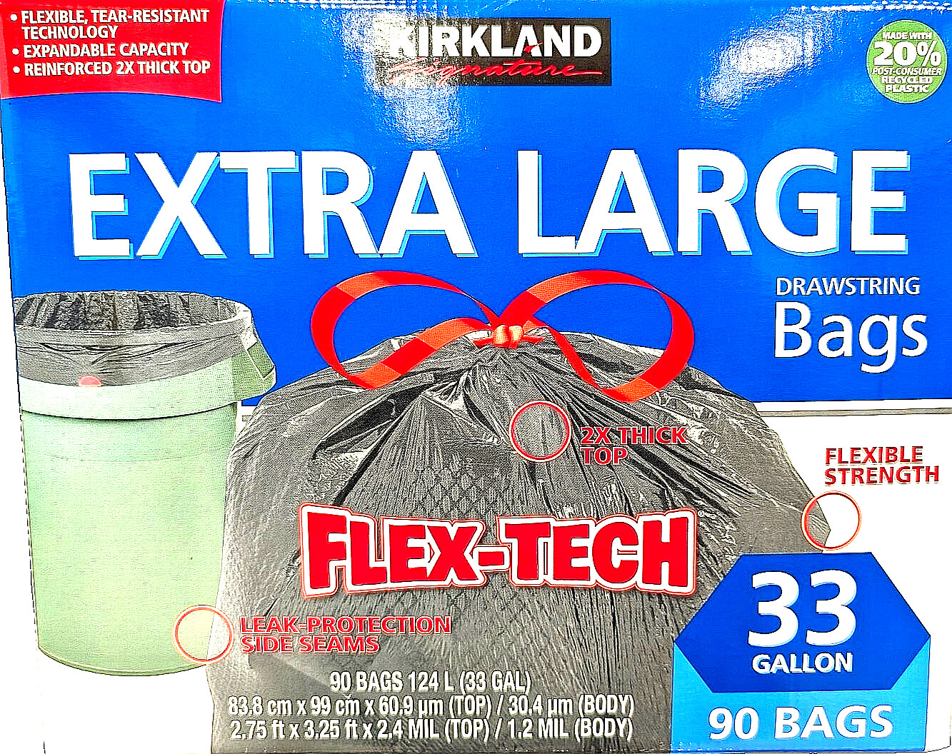 Kirkland Signature Flex-Tech Extra Large Drawstring Bags 33 Gal 90 Bags gallery