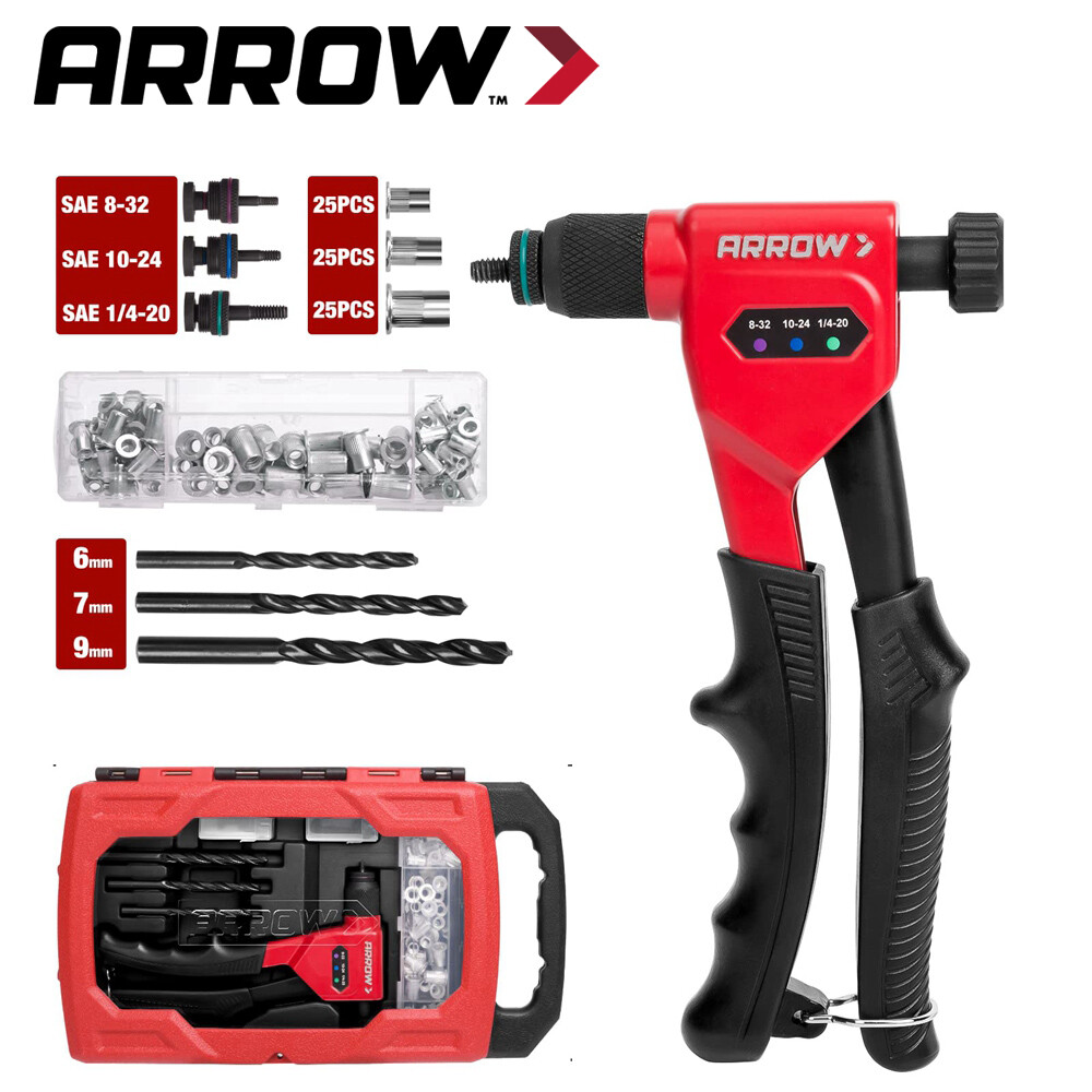 Arrow Rivet Nut Tool 8" Rivet Nut Gun Kit 3PC Mandrels 75PCS Rivnuts 3PCS Drills gallery