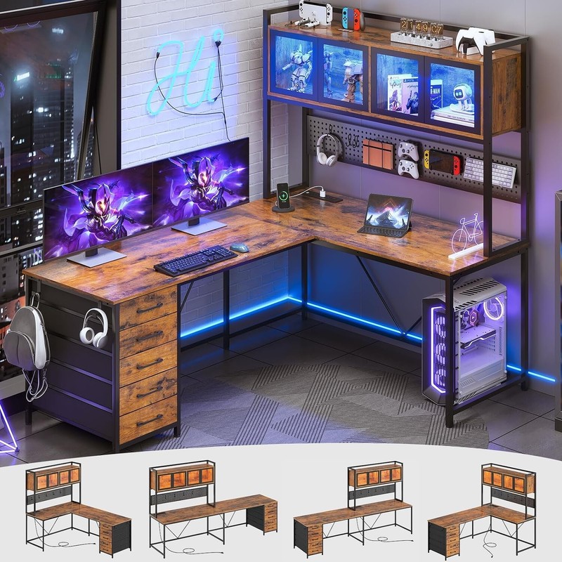 L Shaped Computer Desk with Hutch &Storage Shelves Home Office Desk w/Led Lights gallery