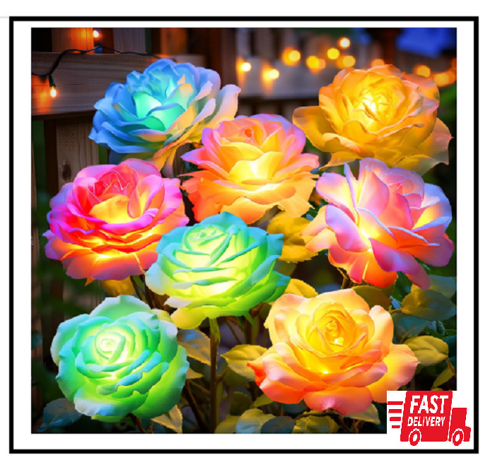 Solar Flower Lights Outdoor Waterproof: 4 Pack 7-Color Changing LED Rose Stake D gallery