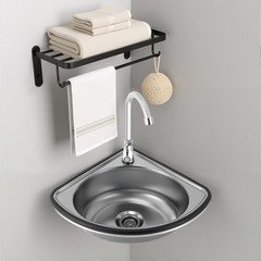 Single Triangle Wash Basin, Corner Sink Small Bar Sink Stainless Steel w/ Faucet