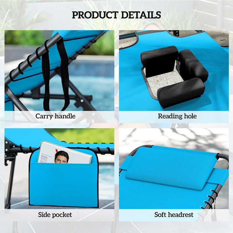 Folding Chaise Lounge with 5-Level Reclining Back, Tanning Chair with Face Hole, gallery