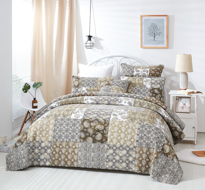 DaDa Bedding Bohemian Patchwork Paisley Floral Olive Green Brown Bedspread Set gallery