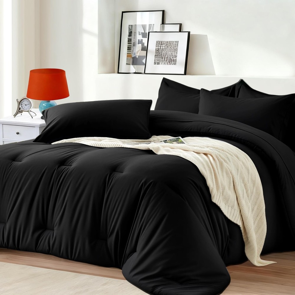 Easthome Queen Comforter Set 7 Piece - Black Soft Bed in a Bag Queen,