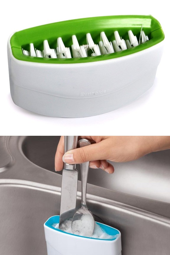 Kitchen Sink Suction Mount Dual Scrub Brush - Hand Wash Silverware & Knives gallery