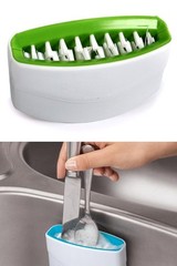 Kitchen Sink Suction Mount Dual Scrub Brush – Hand Wash Silverware & Knives