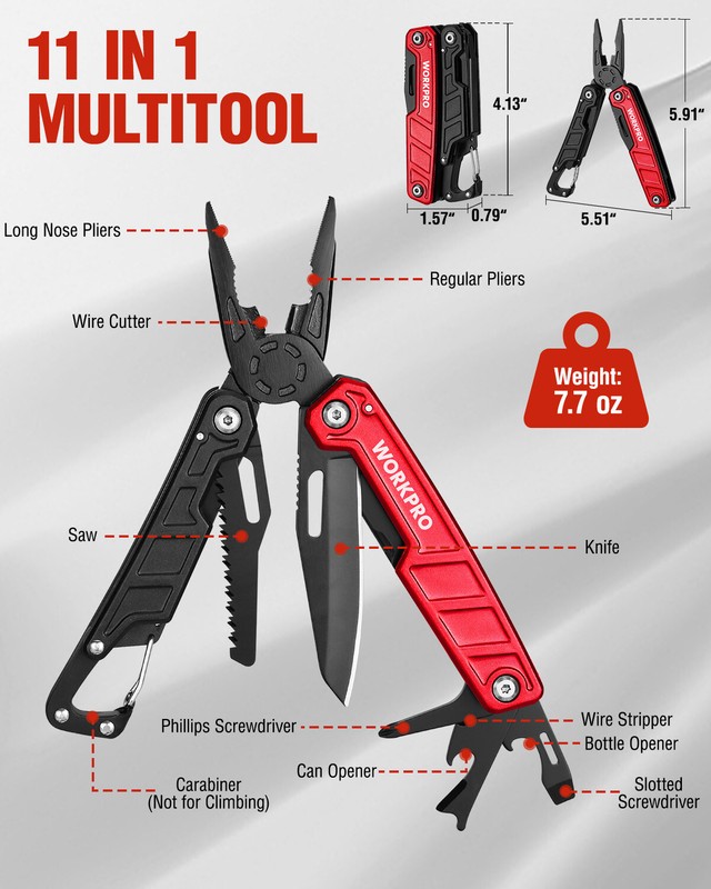 WORKPRO Multitool-11 in 1 with Pocket Clip and Sheath-EDC with Safety Lock gallery