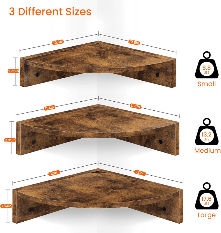 3 Tier Corner Wall Shelves Set Floating Wood Storage With Cord Hole Rustic gallery