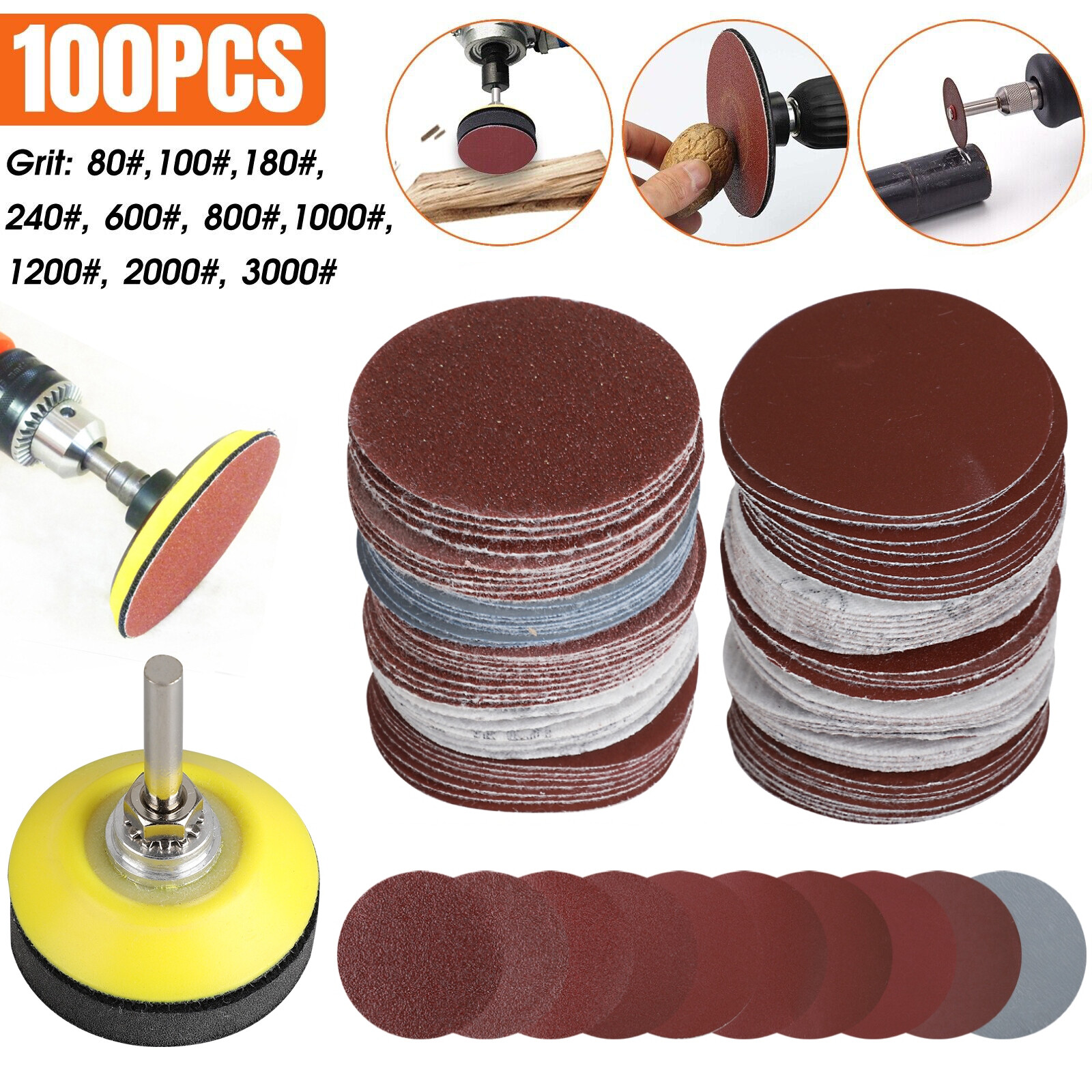 100PCS 2" Sanding Disc Sand Paper Hook Loop Sander+Backer Pad+M6 Drill Adapter gallery