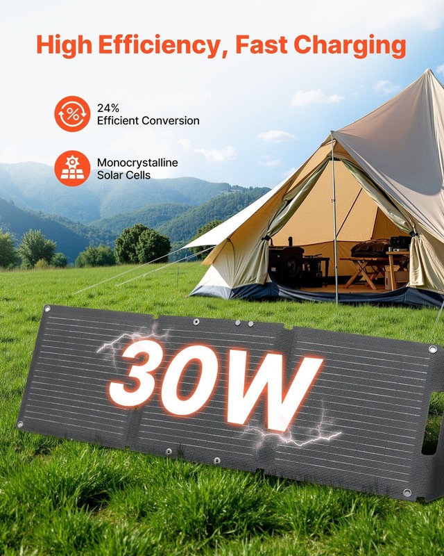 Ultra-Light 30W Foldable Solar Panel, N-Type Mono, 24% Eff, IP65, -10°C to 65°C gallery