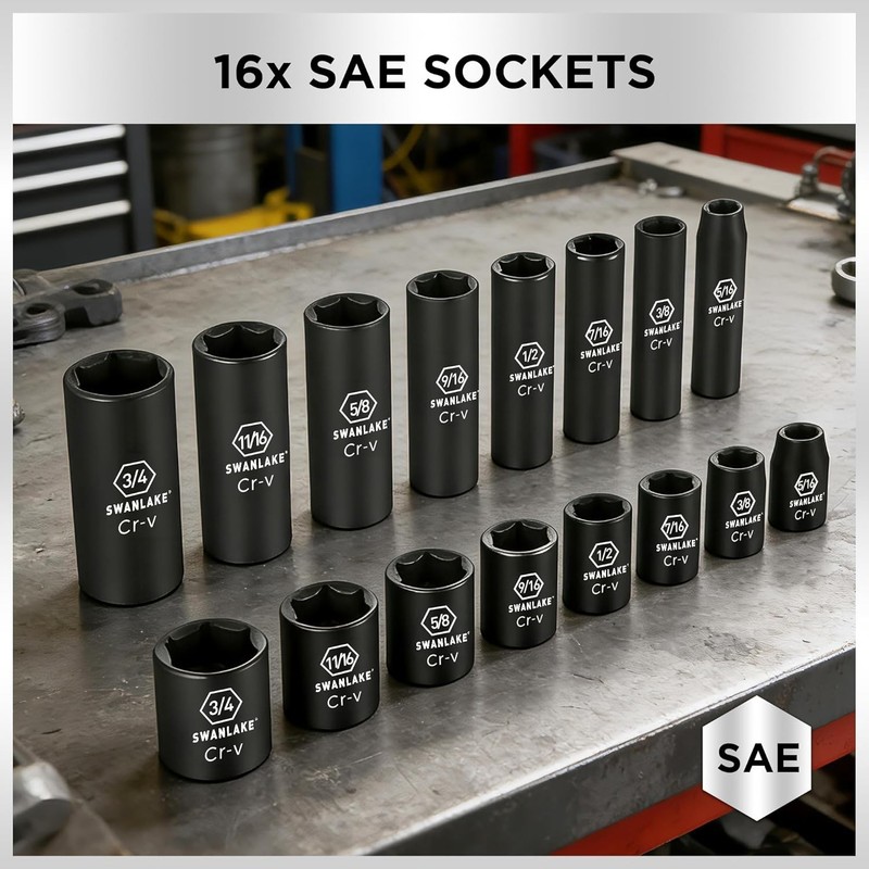 3/8'' Drive Impact Socket Set, 50-Piece Standard SAE (5/16 to 3/4 inch) and Metr gallery