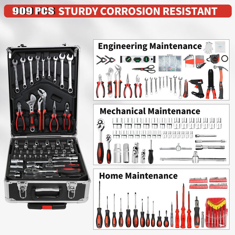 910 Piece Mechanics Tool Set Metric Socket Wrench Set Repair Tool Kit with Case gallery