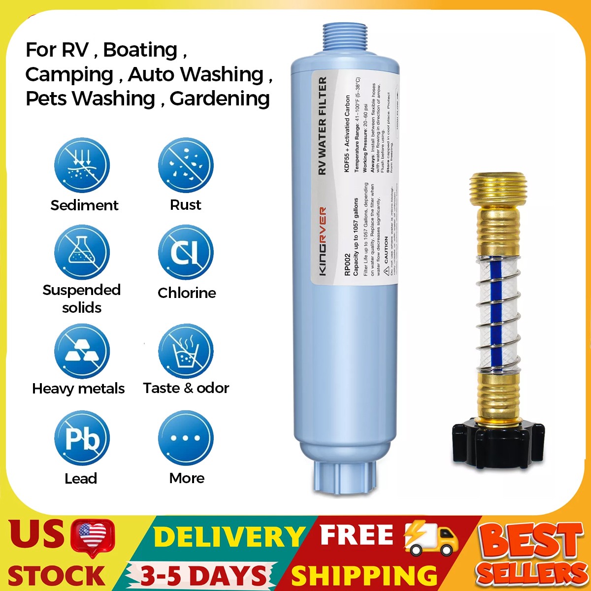 RV Inline Water Filter with 3/4" Flexible Hose Protector for Drinking & Washing gallery