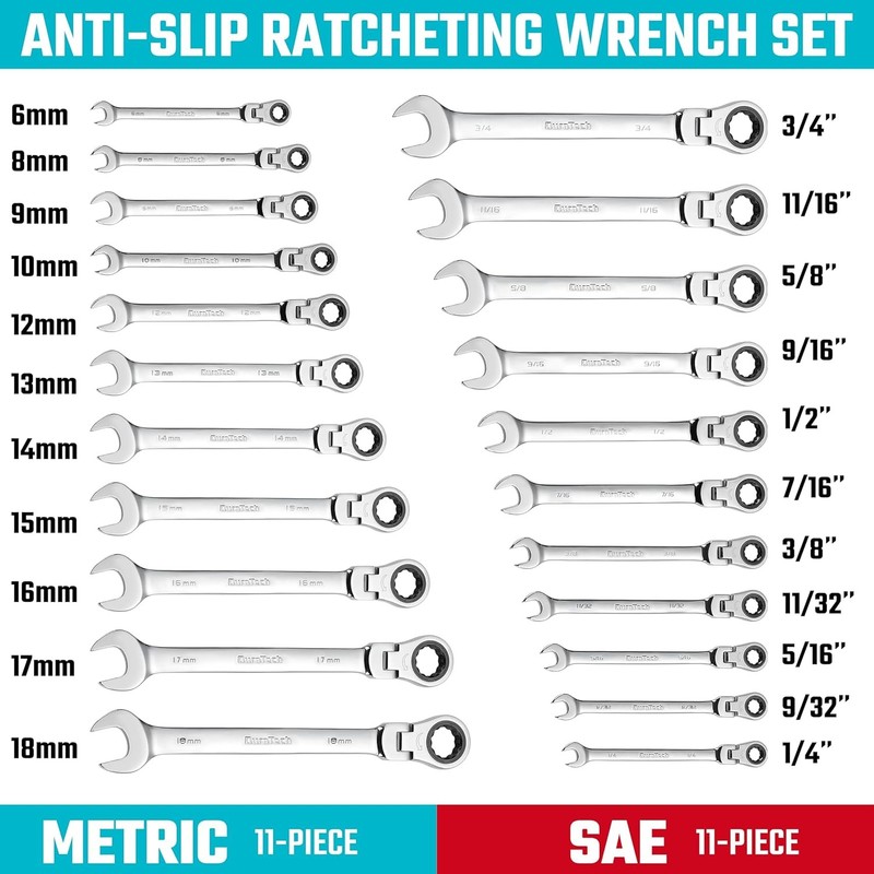 Flex Head Ratcheting Wrench Set, Combination Wrench Set,22-piece,Metric & SAE gallery