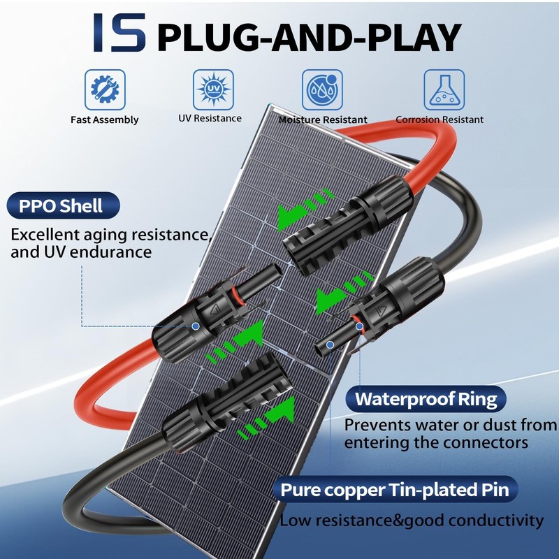 30FT Solar Panel Extension Cable 10AWG, Waterproof Connectors for RV & Solar Sys gallery