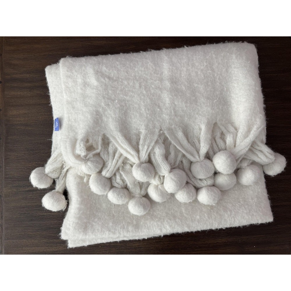 Pine Cone Hill Wool Blend Pom Pom Throw Blanket White Cozy Knit Fuzzy