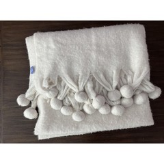 Pine Cone Hill Wool Blend Pom Pom Throw Blanket White Cozy Knit Fuzzy