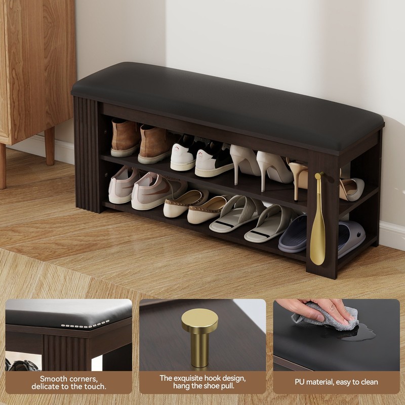 Entryway Bench with Storage and Hooks - PU Leather Ottoman Shoe Rack for Hallway gallery