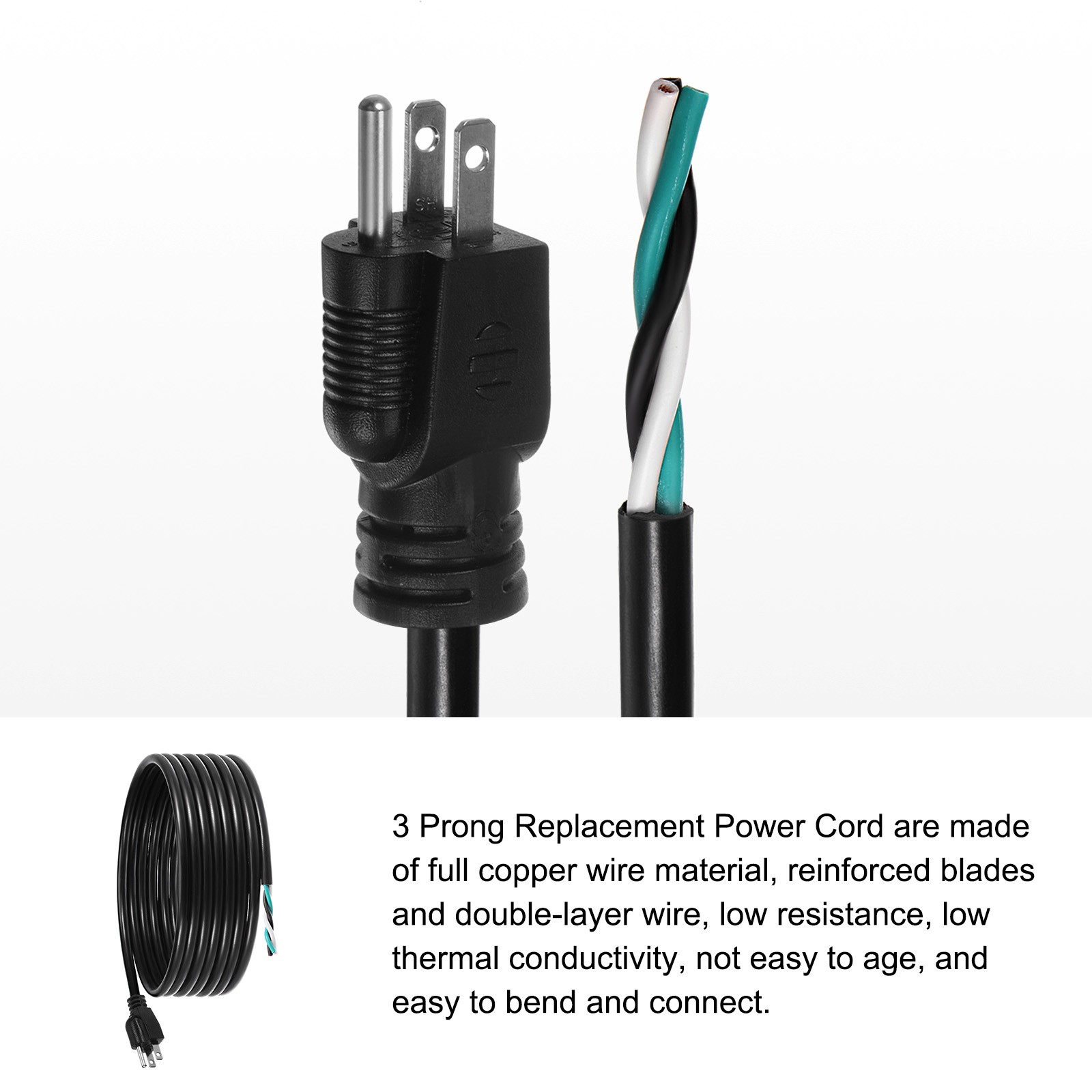 Replacement Power Cord 5-15P 3 Pin Connector e w Open End,9ft 14 AWG gallery
