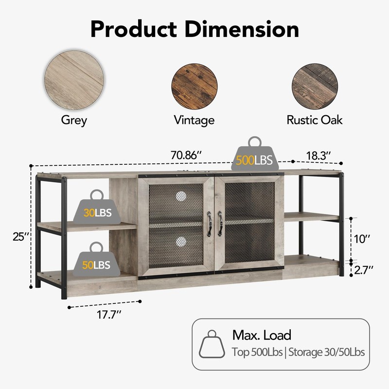 Rustic Media Console Table 75/80 Inch Industrial Double Mesh Doors Storage Cabin gallery