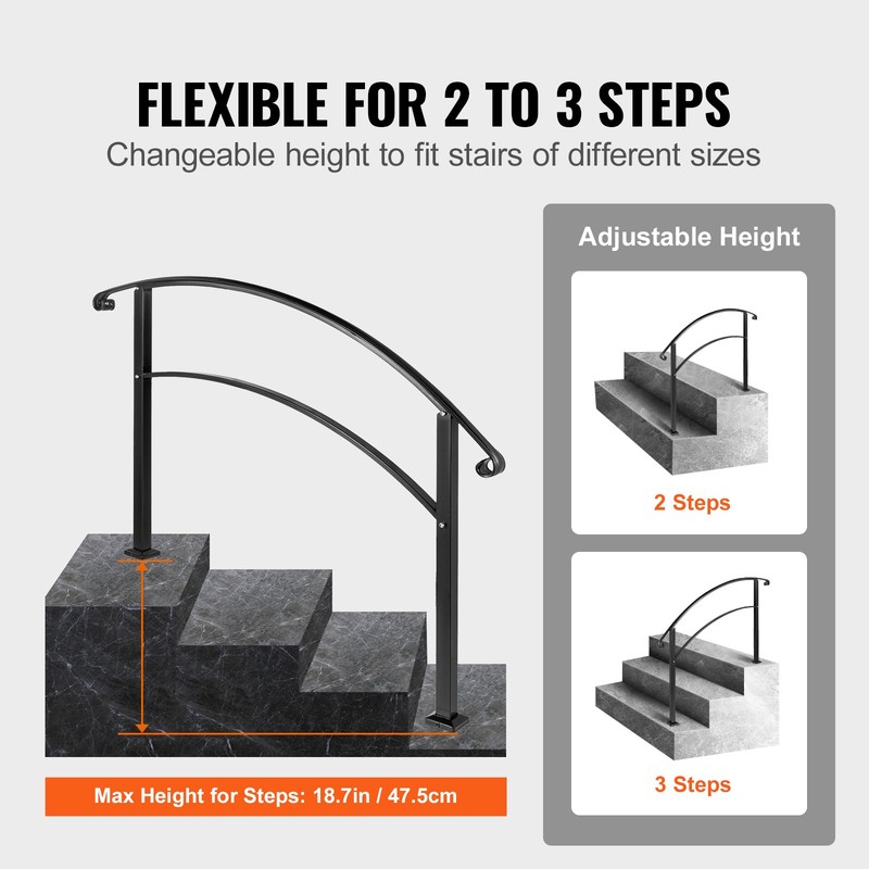 VEVOR 3FT Angle Adjustable Iron Handrail Black Fit 2 or 3 Steps Handrail Brick gallery