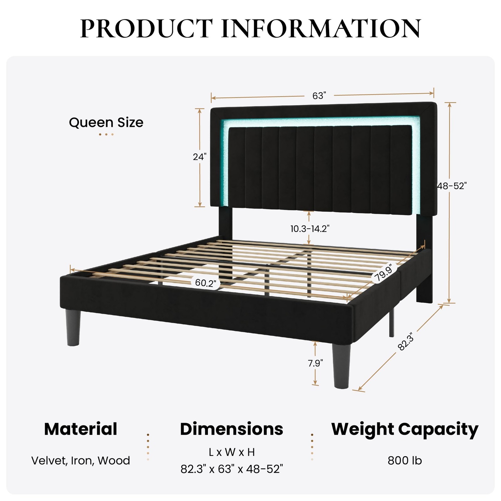 Sha Cerlin Queen Velvet Bed Frame LED Light Tufted Headboard Black gallery