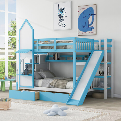 Solid Wood Bunk Bed w/ Slide Storage Drawers Staircases Twin Full Size Bed Frame gallery