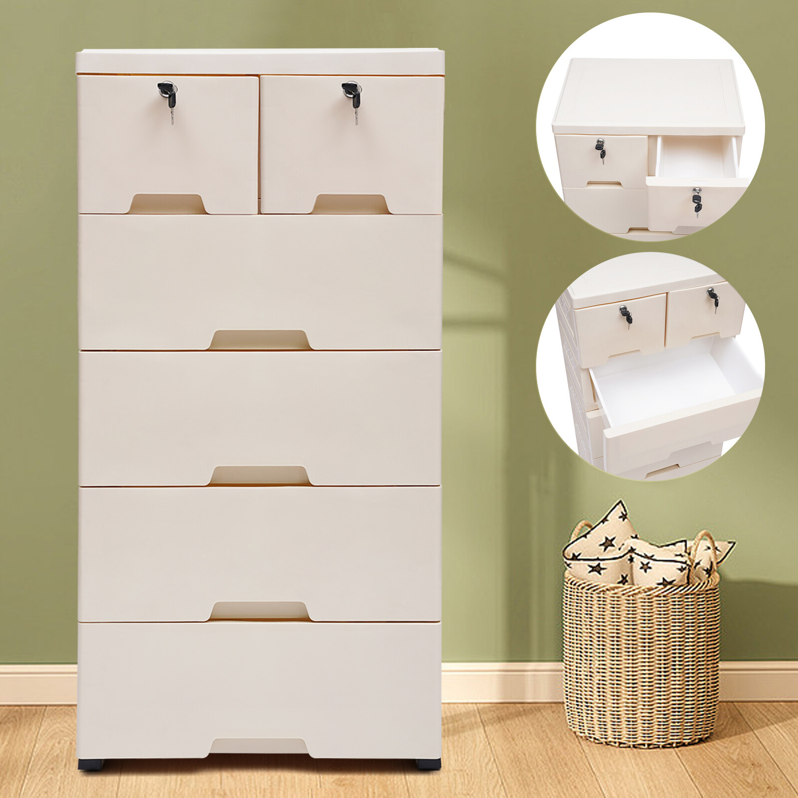 Movable Storage Cabinet Tall Closet With 6 Drawers Lockable Cupboard Bedroom new gallery