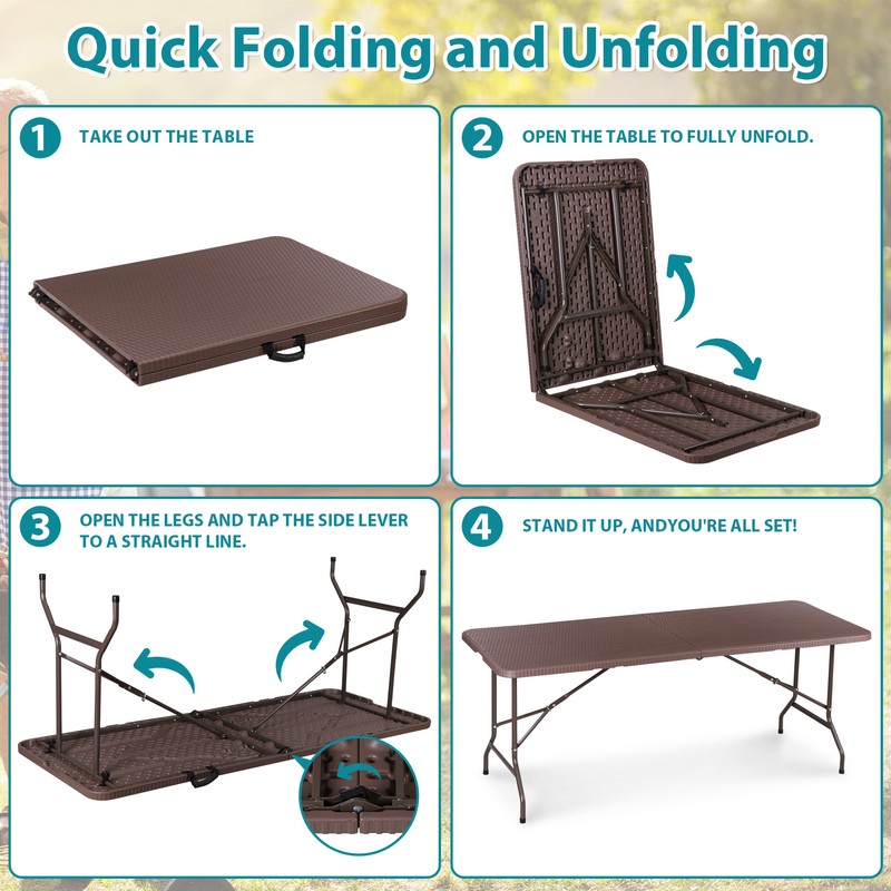 6FT Plastic Folding Table Portable Fold-in-Half Picnic Table with Handle Brown gallery
