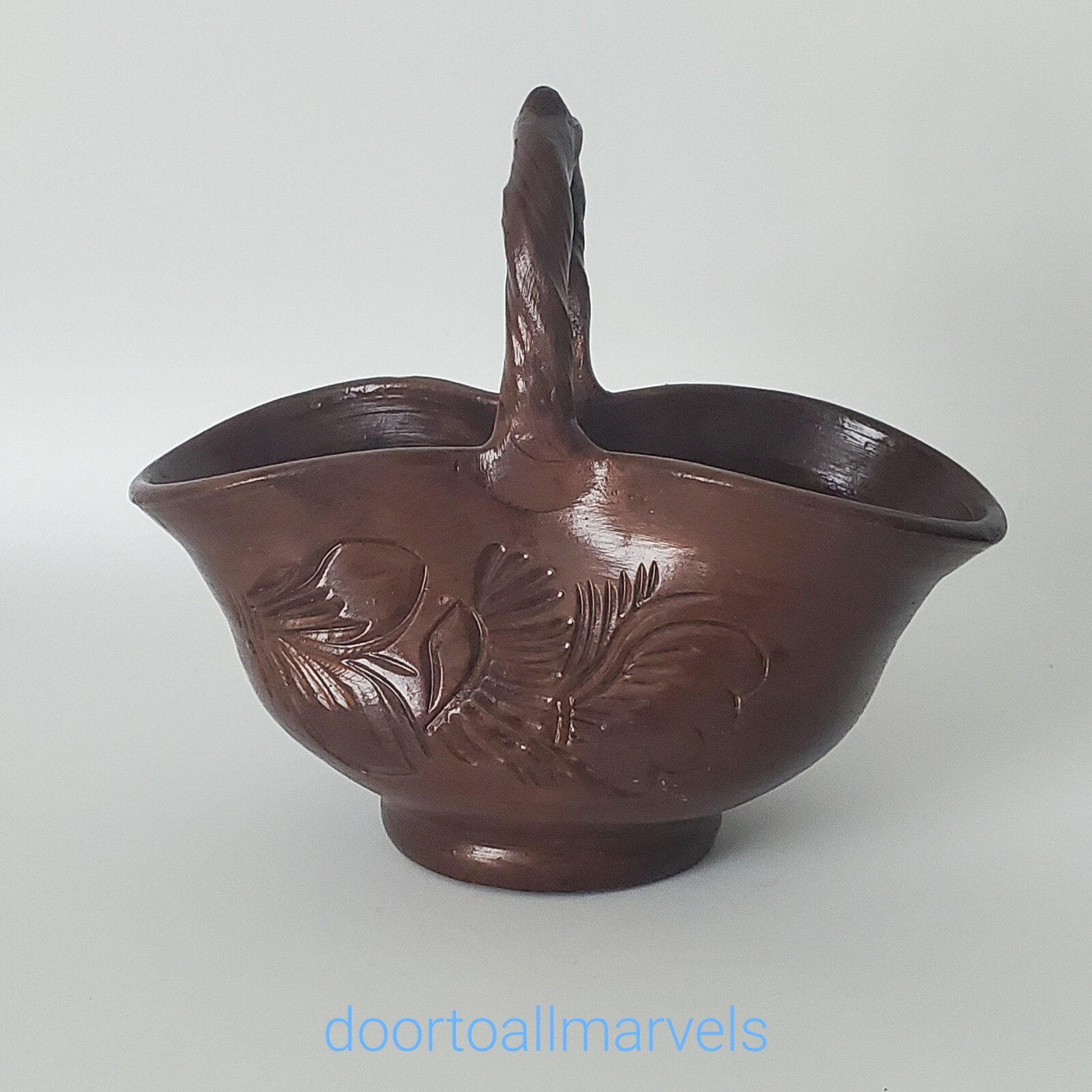 VTG KOROND Transylvania Pottery MiniBasket Planter Hand Carved Signed gallery