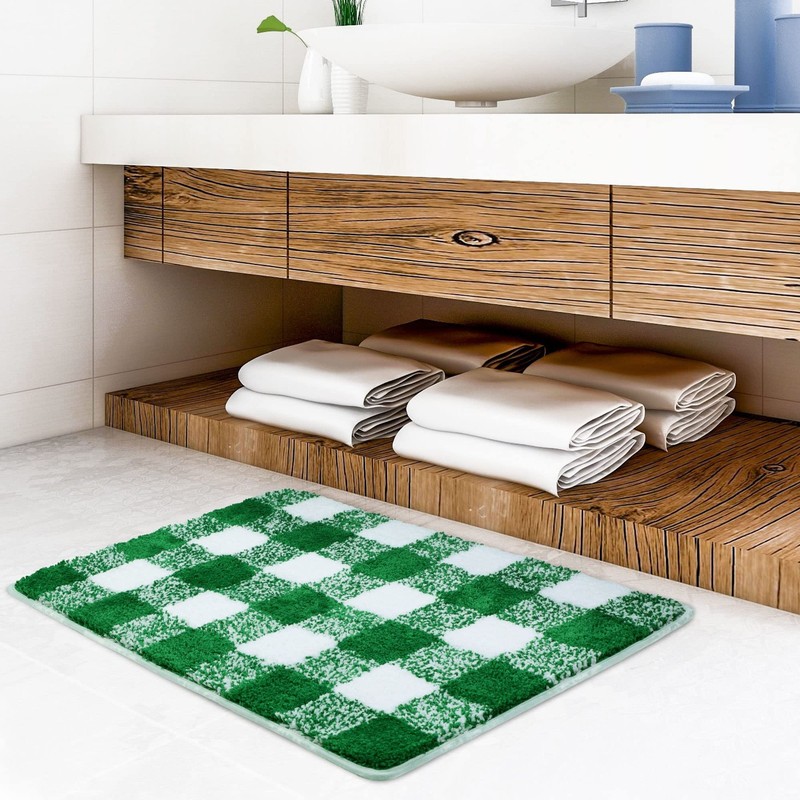 Microfiber Plaid Pattern Bathroom Rugs Extra Soft Fluffy Absorbent 20x30 Green gallery
