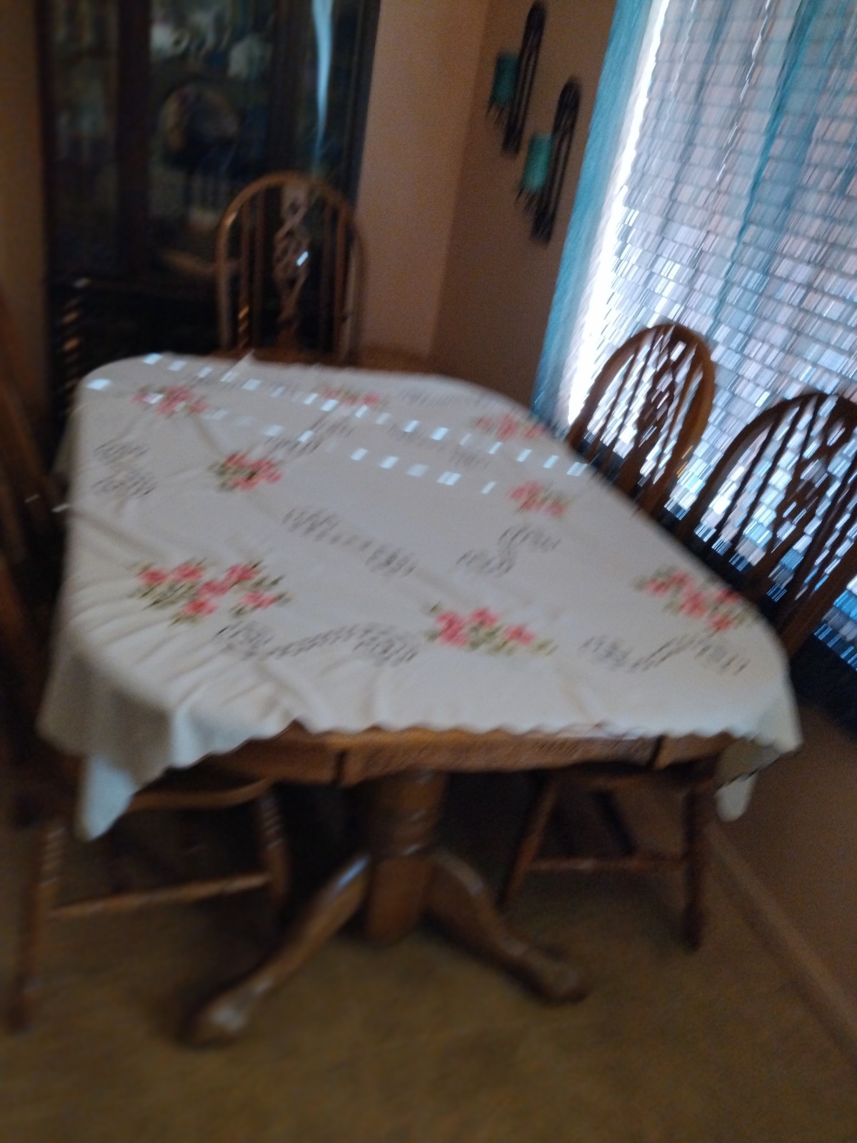 Tablecloth, 57 x 50 in. Embroidered with flowers, leaves & scroll patterns gallery