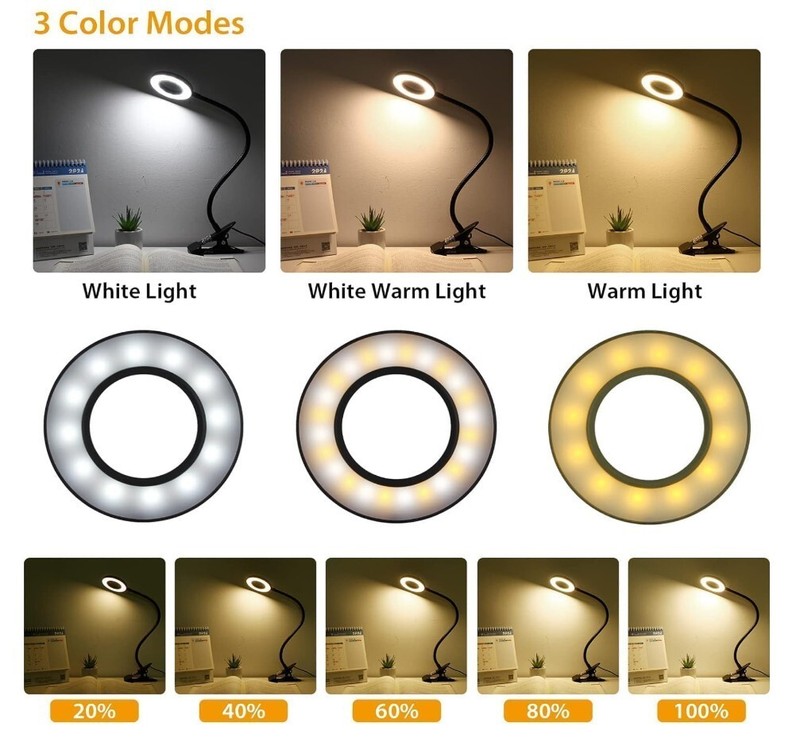 2pcs Clip on Light Reading Lights 48 LED USB Desk Lamp 3 Color 10 Dimmable D306 gallery
