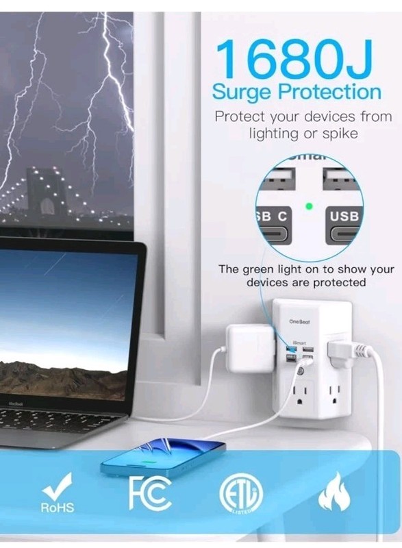 3 Side Power Strip Multi Plug Expander, Surge Protector, 5 Outlets Extender,... gallery