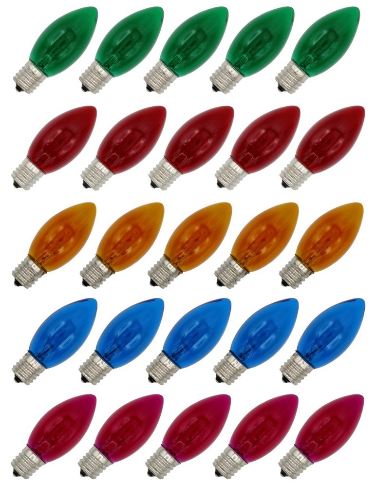 25 Steady Burning C9 Light Bulbs - Transparent Multicolor - 7 Watt, 130V