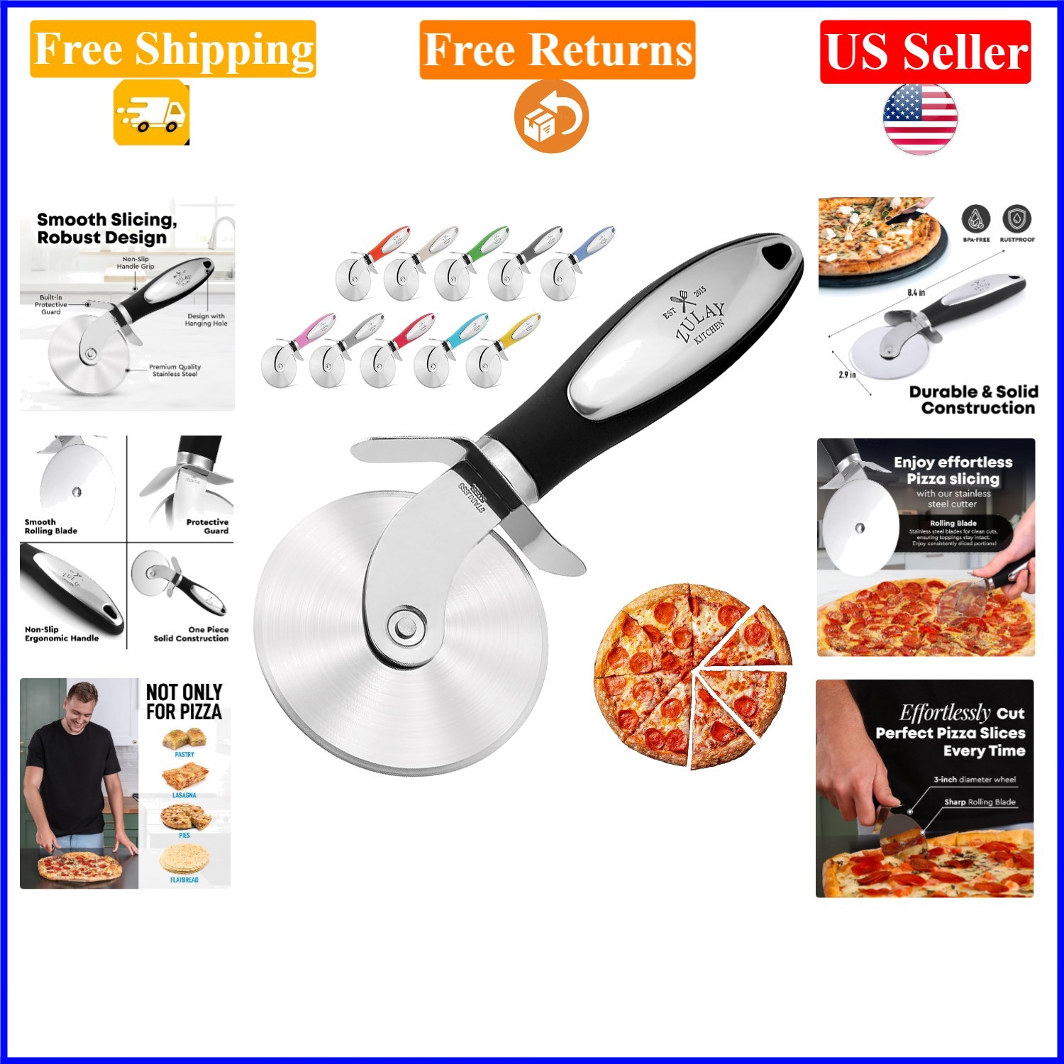 Black Stainless Steel Pizza Cutter Wheel - Easy-to-Clean, Non-Slip Handle gallery
