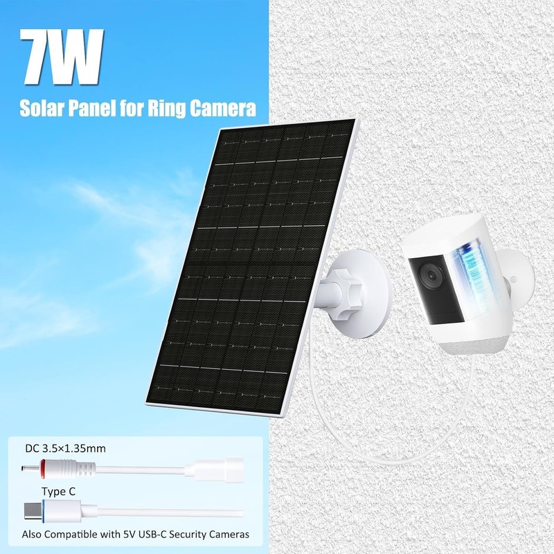 7W Solar Panel for Ring Security Camera Waterproof USB-C Adjustable Mount gallery