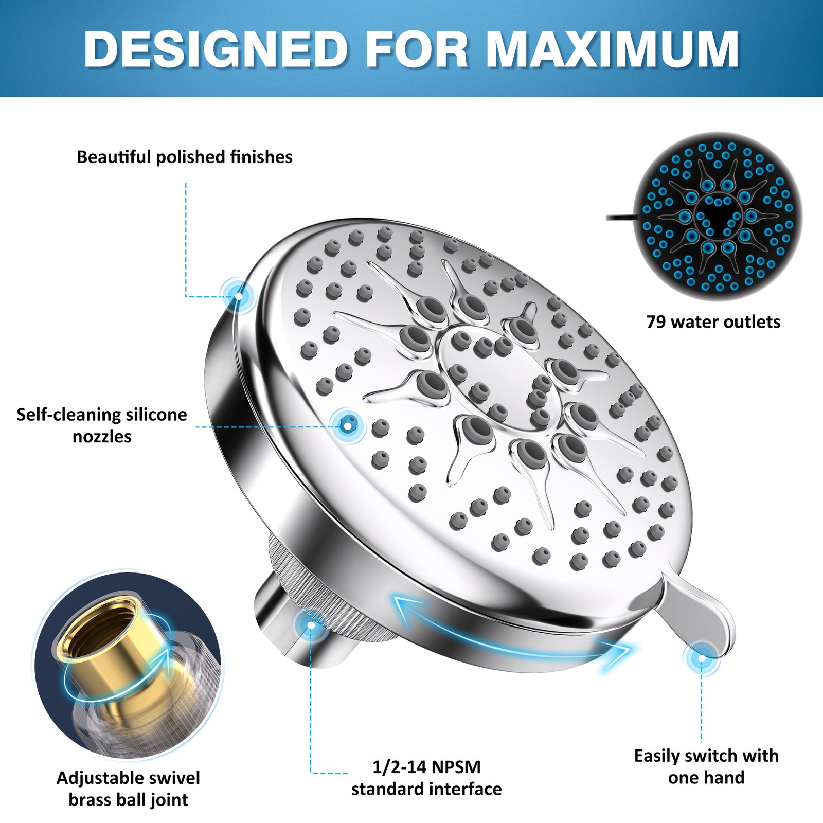 4 Inch High Pressure Shower Head Chrome 1.75 GPM, 5 Settings, Polished gallery