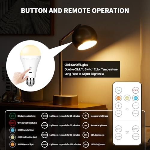 Rechargeable E26 Light Bulbs with Remote, 2600mAh Battery, 3000K-6500K, 40W Equi gallery