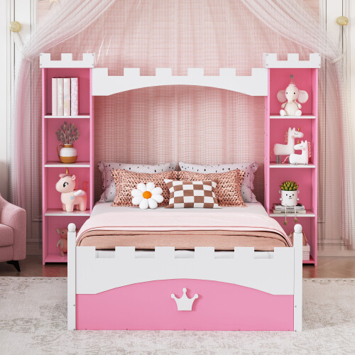 Castle-Shaped Platform Bed with Storage Shelves Both Side Wooden Bed Frames Twin gallery
